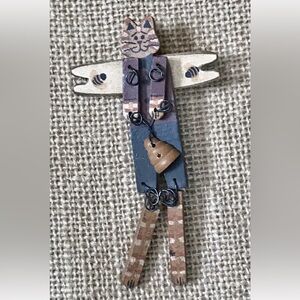 Angel Cat w Beehive Pin Hinged Arms Legs Rustic Folk Art Cottage Core Farmhouse